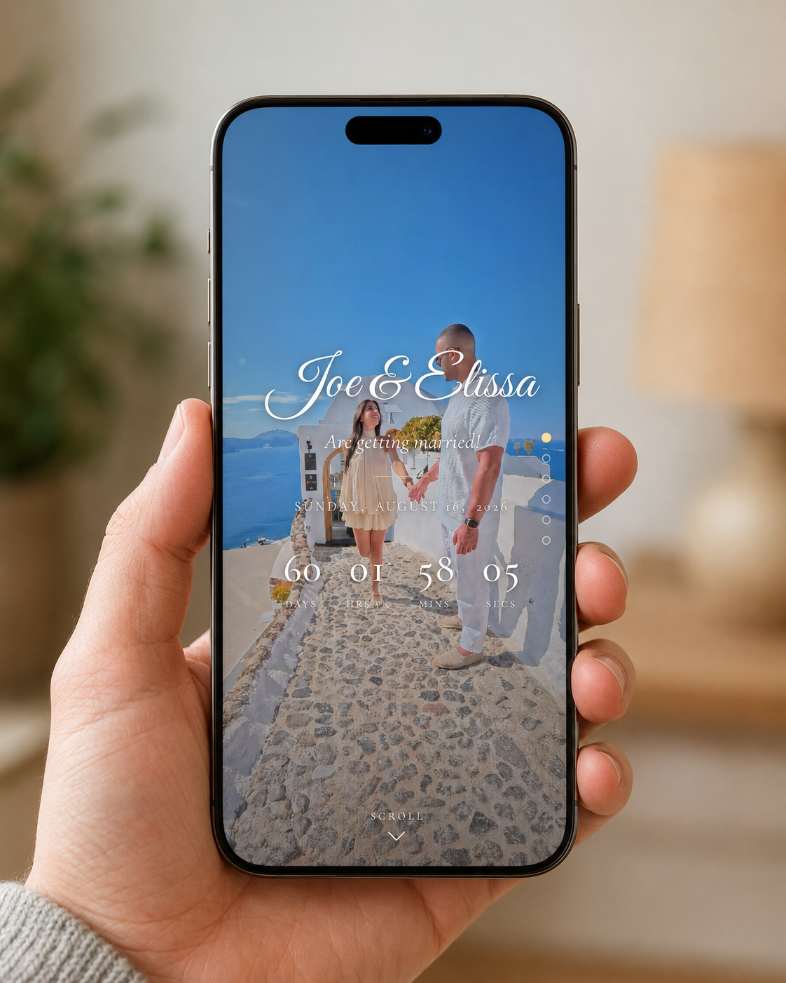 An online wedding invitation open in a phone browser with the couple’s details