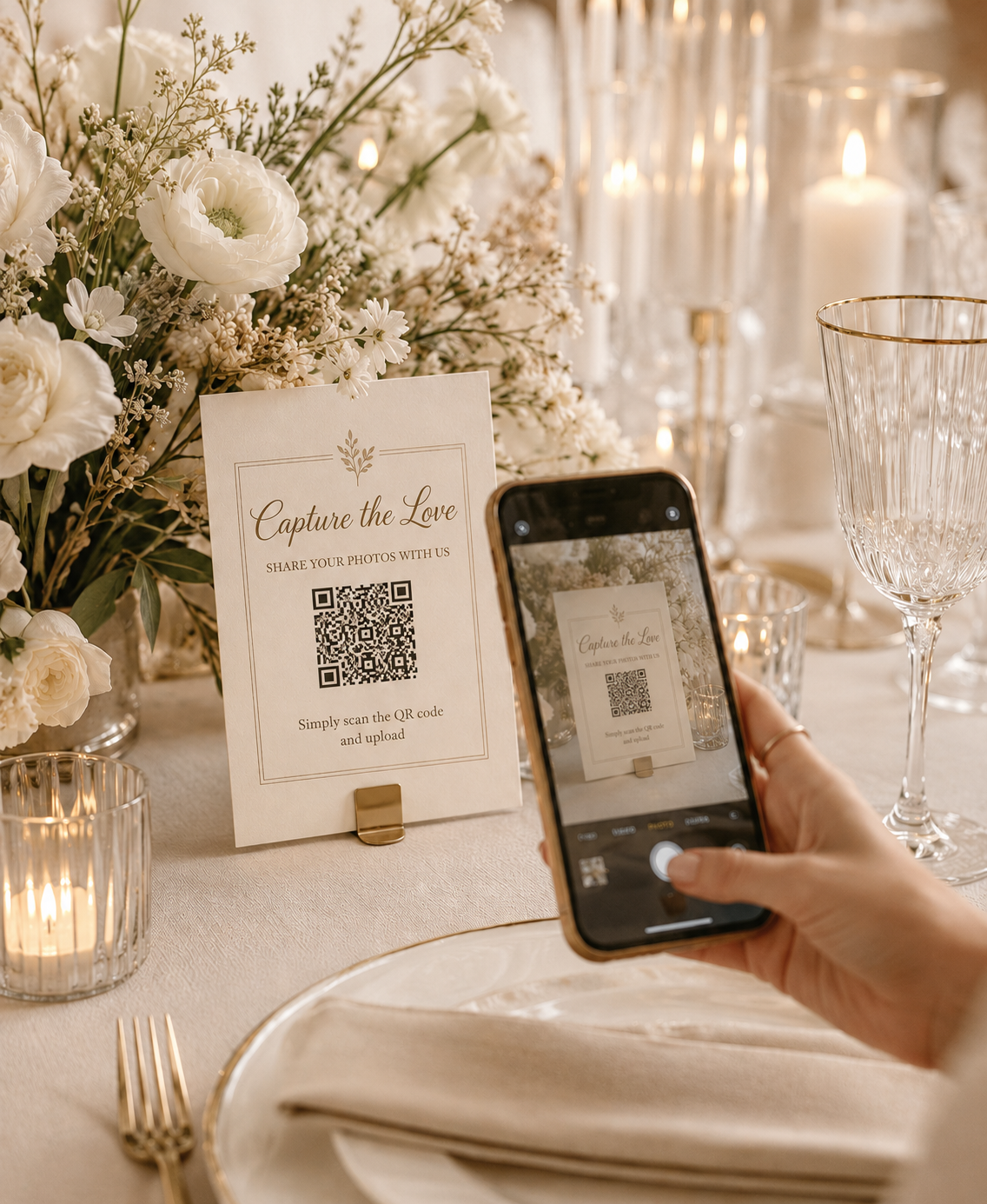 A guest scanning a wedding table card QR code with their phone to add their photos to the shared gallery